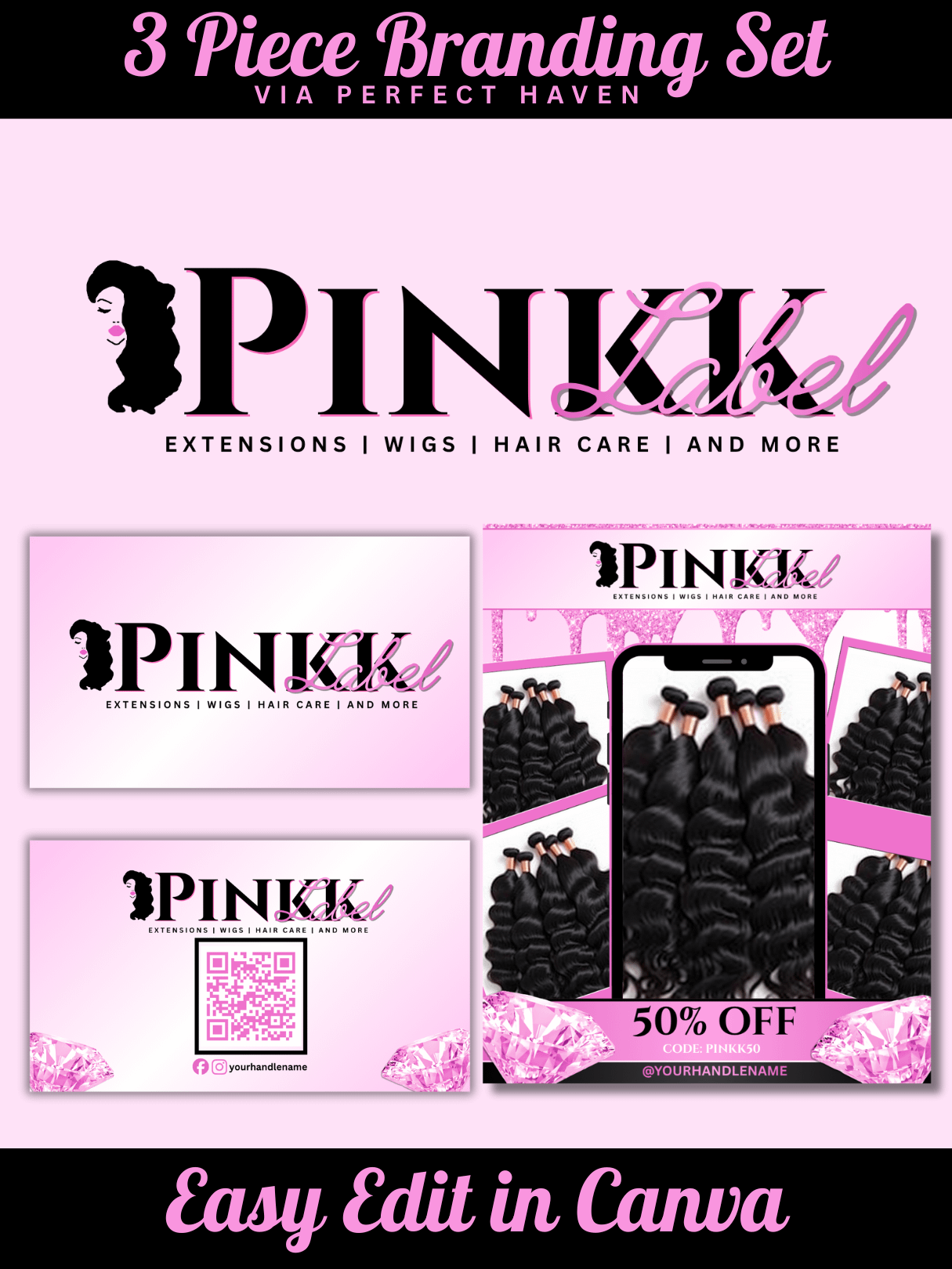 Branding Set - 3 Piece Hair Company Branding Templates - Digital Download product image (1)