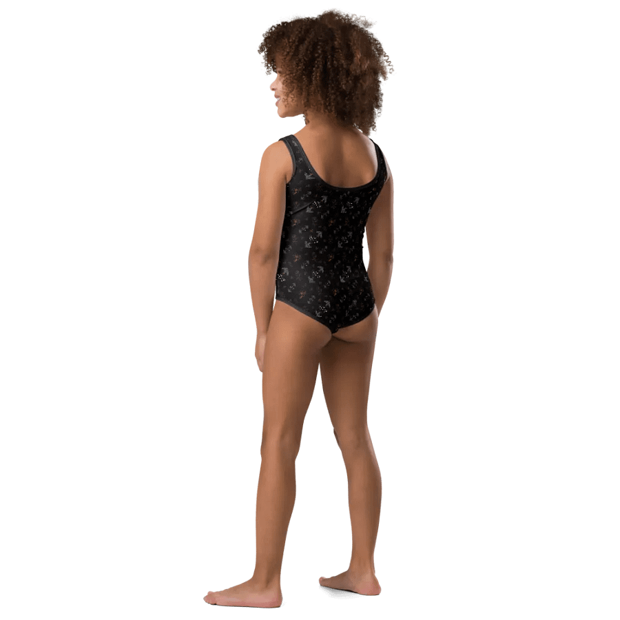 Cute Magenta and White Flowers on Black One-Piece Girls Swimsuit product image (3)