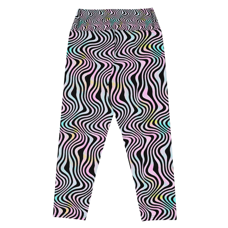 Yoga capri  leggings blue watercolour leafy design on black background product image (7)