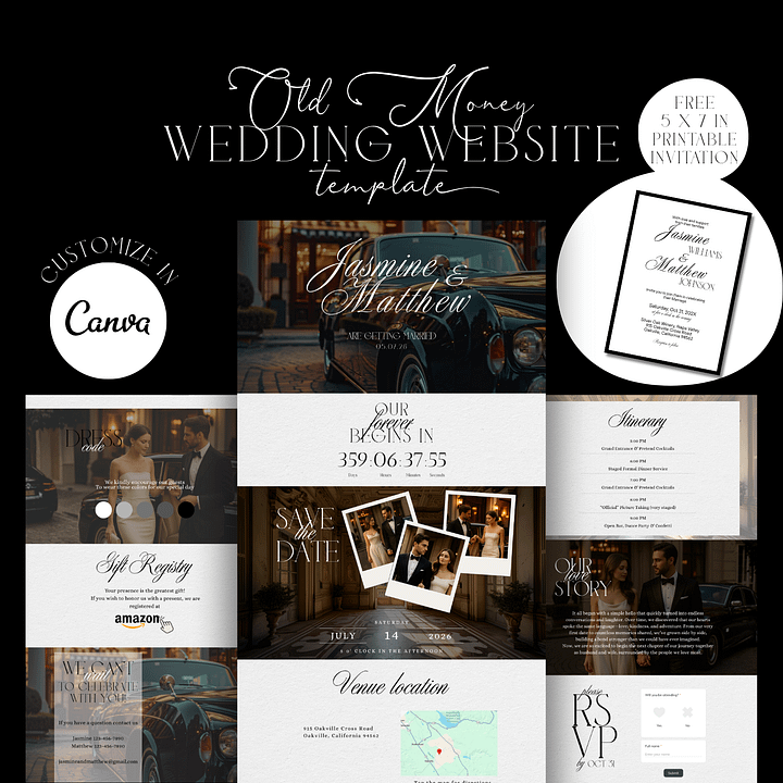 Old Money Wedding Website Template | Elegant Black Tie Digital Invite | Editable Canva Website | Wedding RSVP Online | Printable Invitation product image (1)