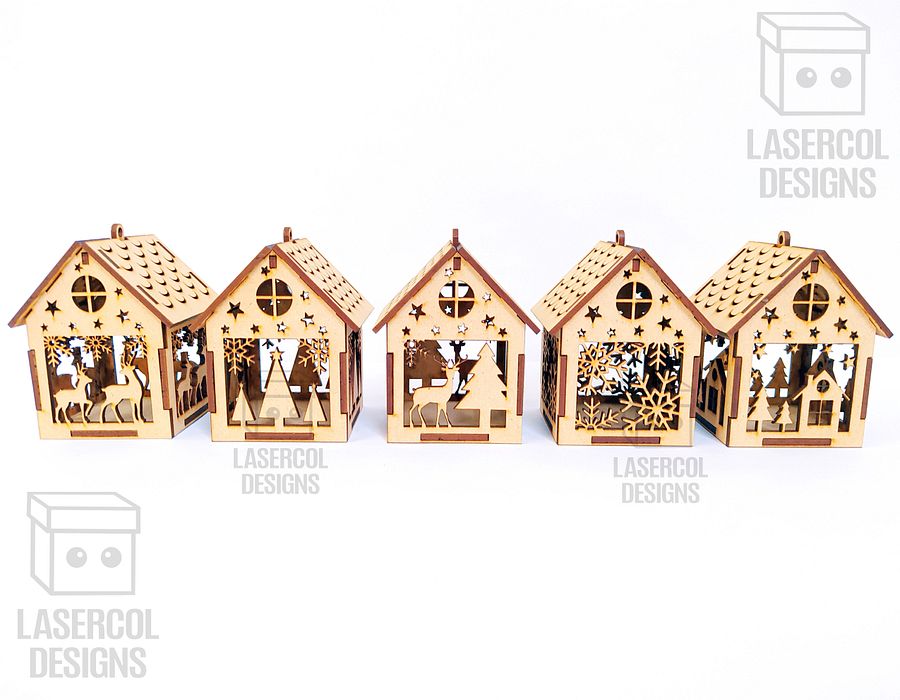 Christmas House Ornaments Set 1 (2 Sizes, 5 Styles) - Laser Cut Files product image (2)