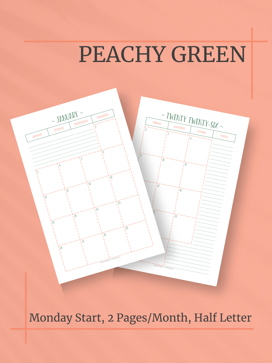 Peachy Green 2026 Calendar - 2 Pages per Month, Monday Start, Half Letter Size product image (1)
