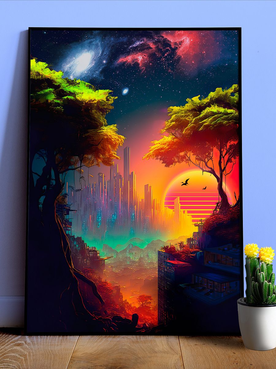 Synthwave cyberpunk city in a forest — surreal space collage art, futuristic sci-fi collage product image (1)
