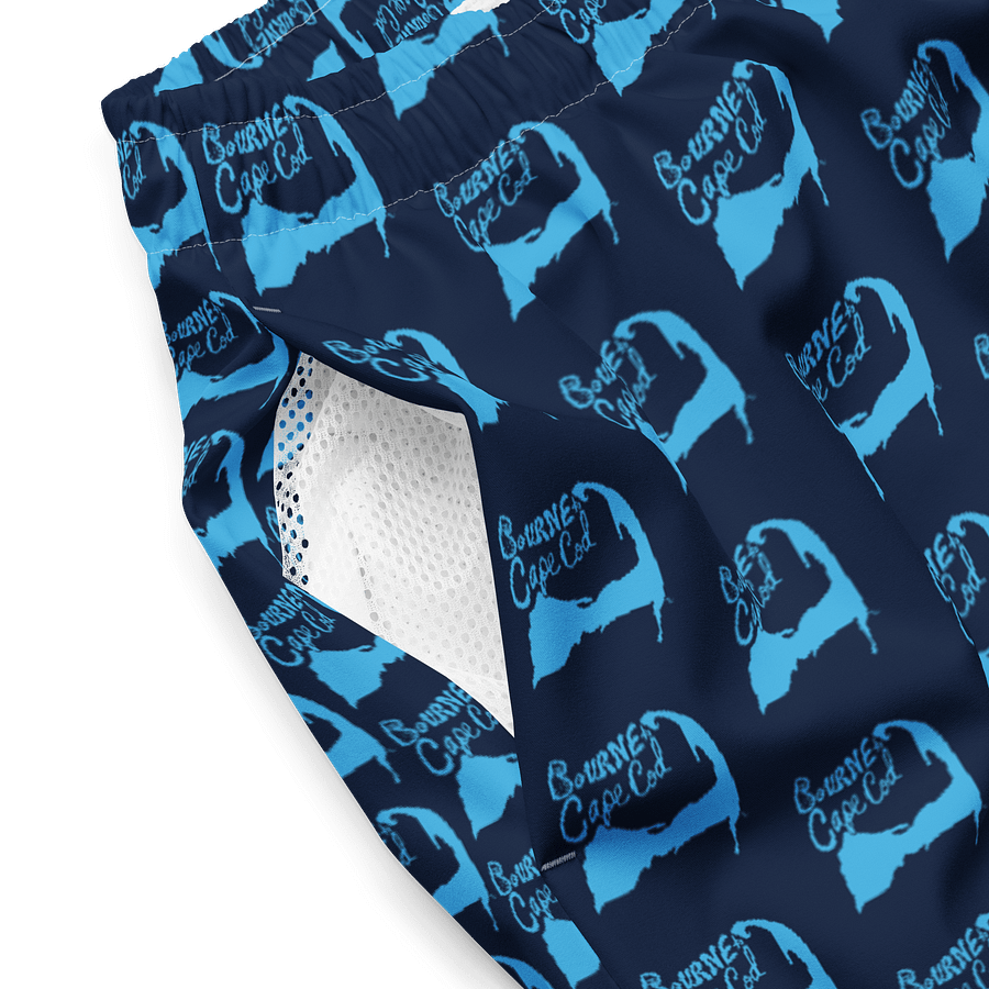 BOURNE to Cape Cod™ All-Over Logo Swim Trunks | Men's UPF 50+ Quick-Dry Coastal Shorts | Deep Sky Blue Logo Repeat Pattern on Navy product image (4)