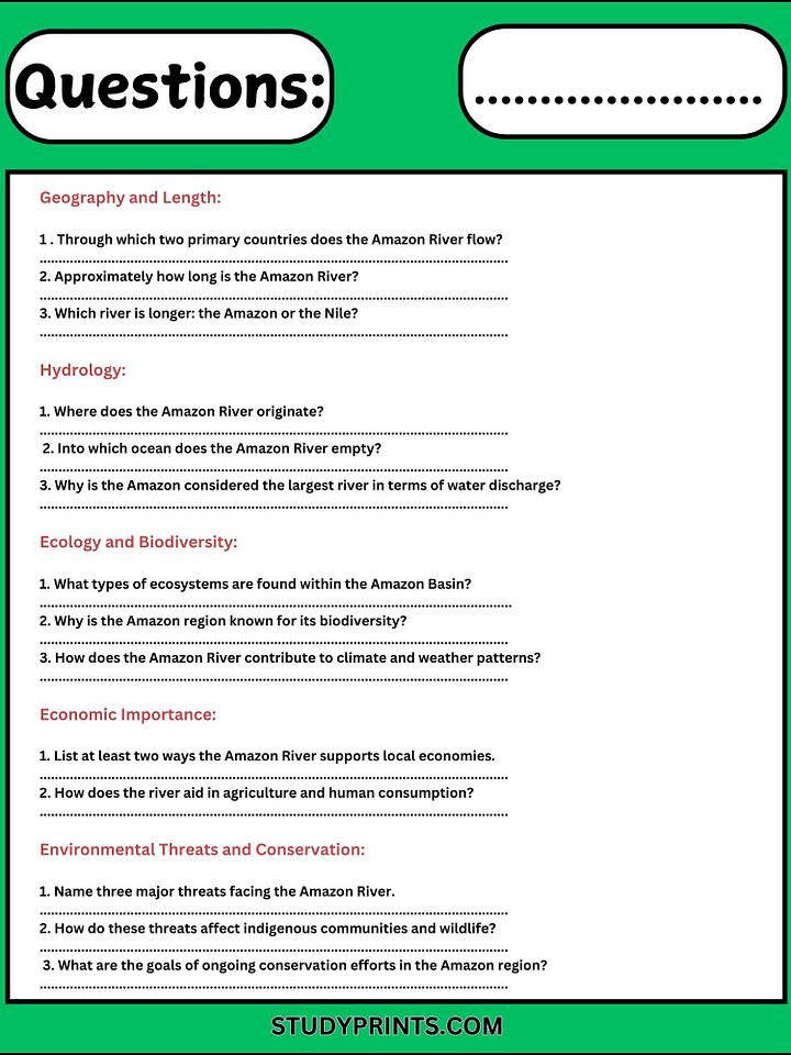 Amazon River Reading Comprehension Worksheet with Questions & Answers product image (2)