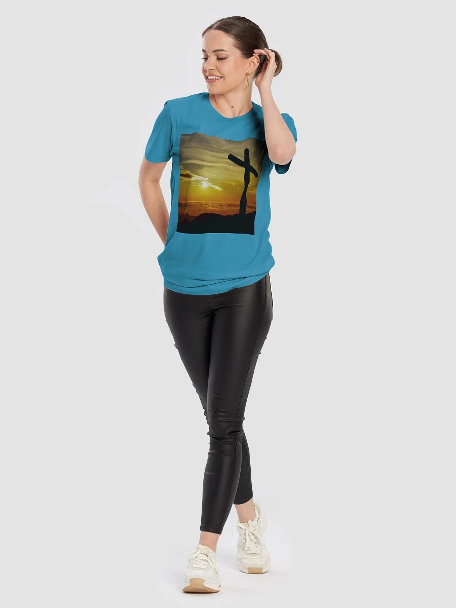 Large cross silhouetted against a dramatic sunset, vibrant hues of yellow, orange, dominate the sky, with clouds and distant mountains t-shirt product image (9)