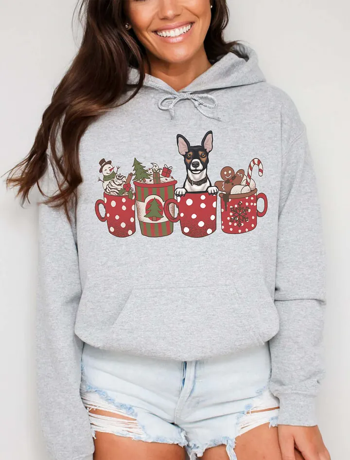 Cute Rat Terrier in a Christmas Cup Hooded Sweatshirt | Funny Christmas Pup in a Cup product image (21)