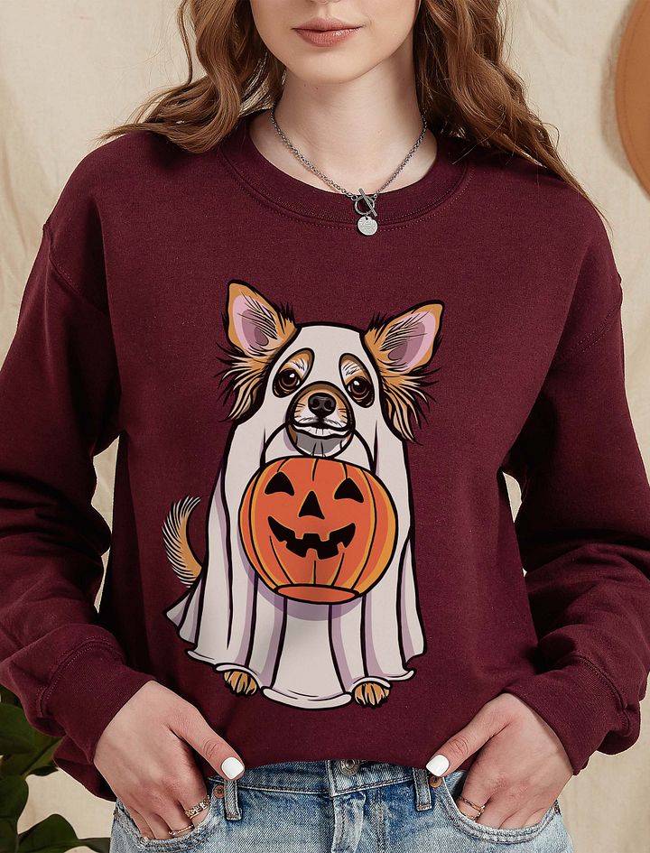 Funny Halloween Longhaired Chihuahua Sweatshirt | Funny Chihuahua Wearing a Ghost Costume and Holding a Pumpkin Basket product image (10)