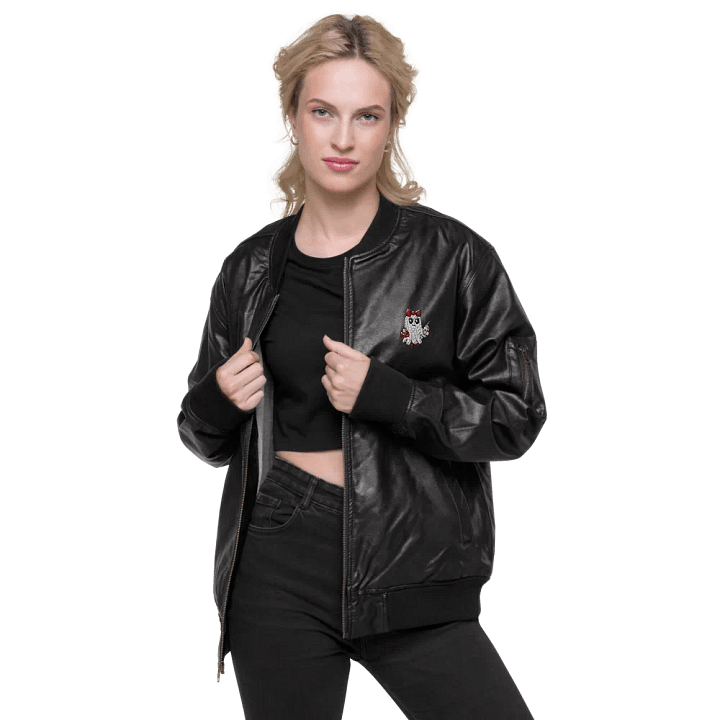 Stylish Ghost Embroidered Faux Leather Bomber Jacket product image (2)