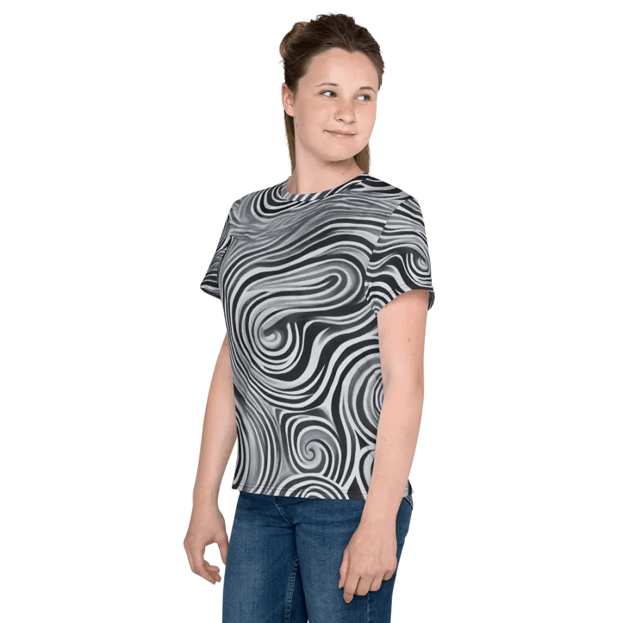 Funky Black and White Noir Liquid Tie-Dye Youth Crew Neck Tee product image (7)