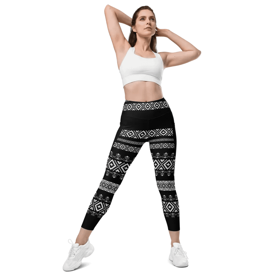 Black & White Aztec Geometric Leggings with Pockets product image (6)