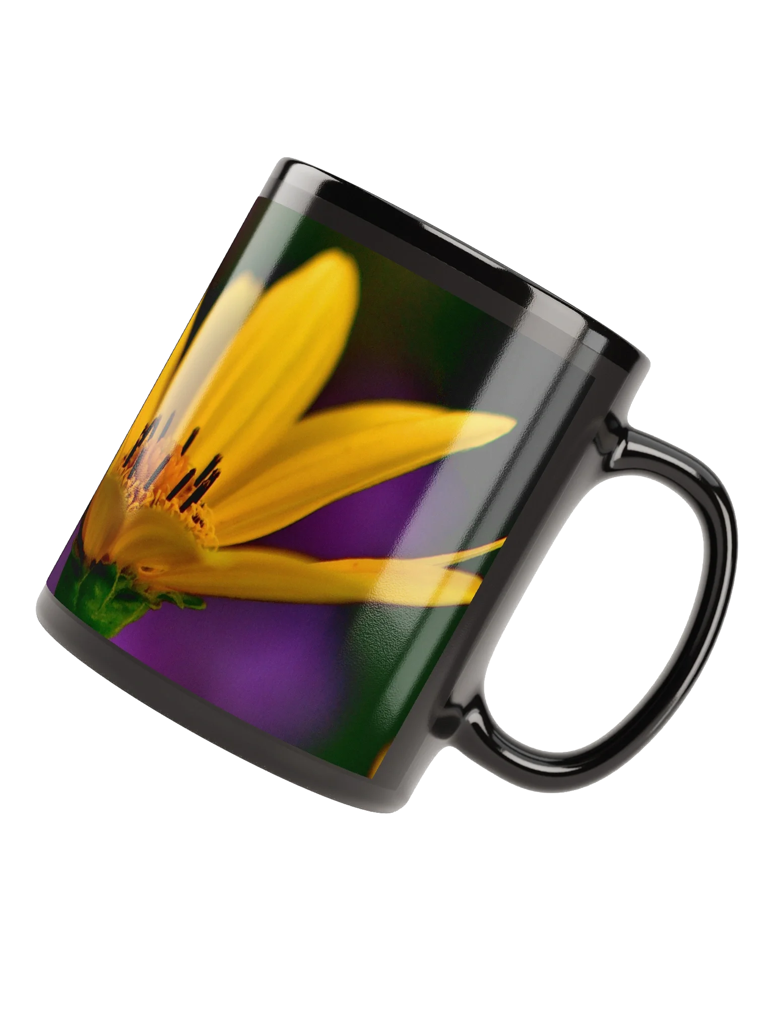 Keramiktasse schwarz - leuchtend gelbe Blüte vor violettem Hintergrund product image (4)