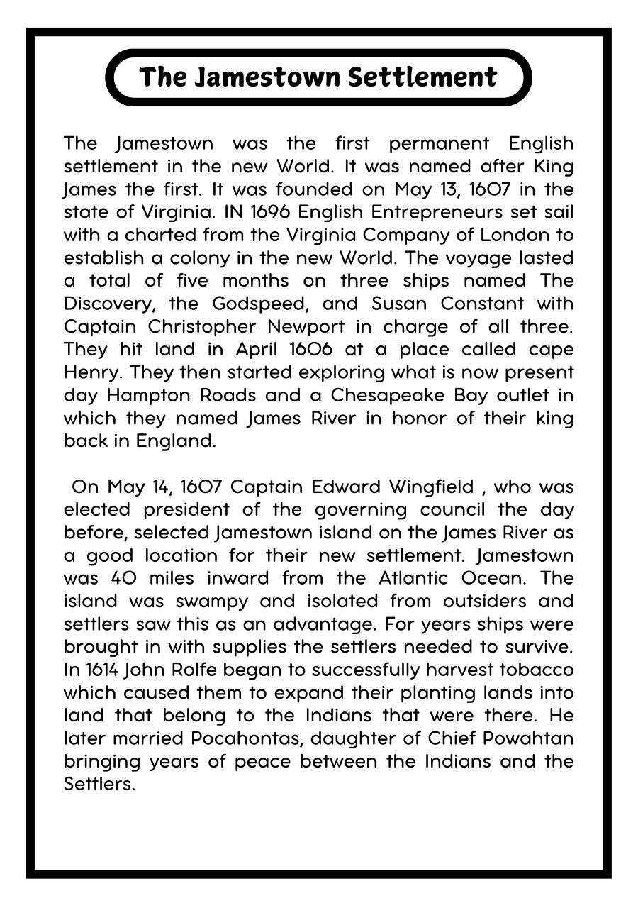 The Jamestown Settlement Reading Comprehension Passage and Questions | Printable PDF product image (2)