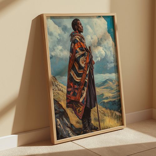 This powerful artwork captures an African tribal man standing on a cliff, gazing over vast, breathtaking scenery. His stance ...