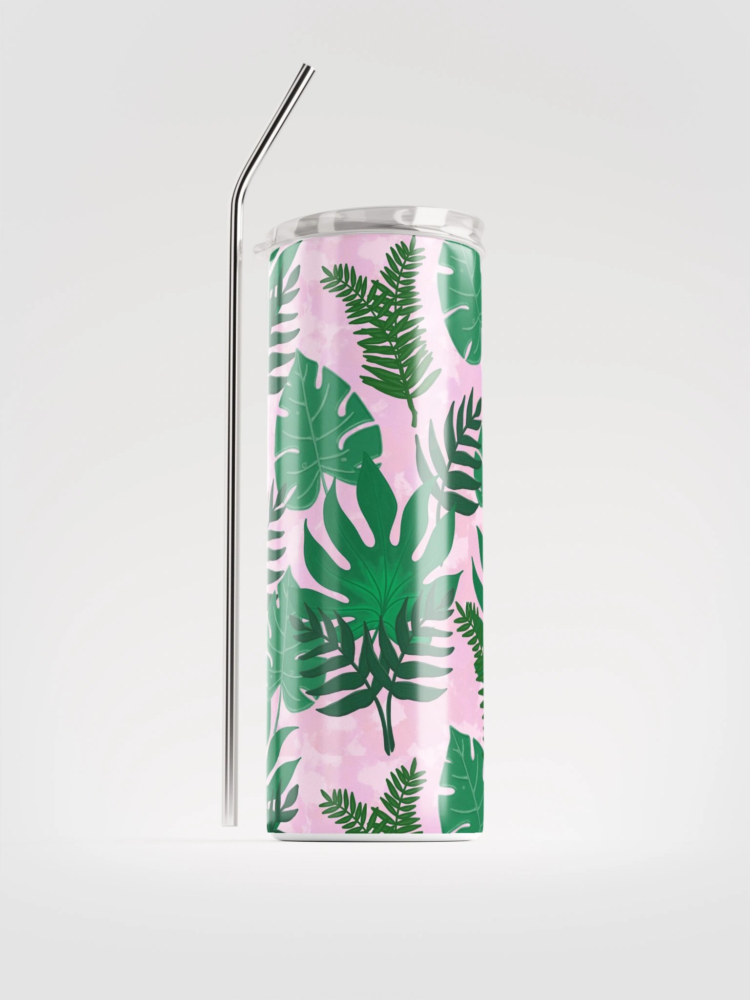 Jungle Leaves Pattern- Pink Background Stainless Steel Tumbler product image (2)