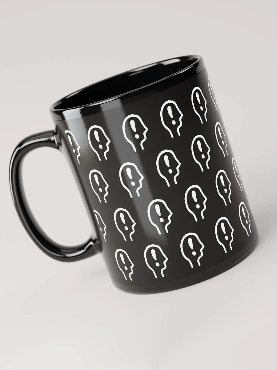 EXCLAIMING MENTALLY (white repeating design) glossy black mug product image (6)