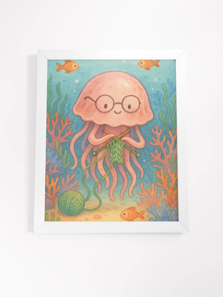 Whimsical Jellyfish Knitting Underwater – Cute Ocean Wall Art for Kids' Rooms & Craft Lovers product image (20)