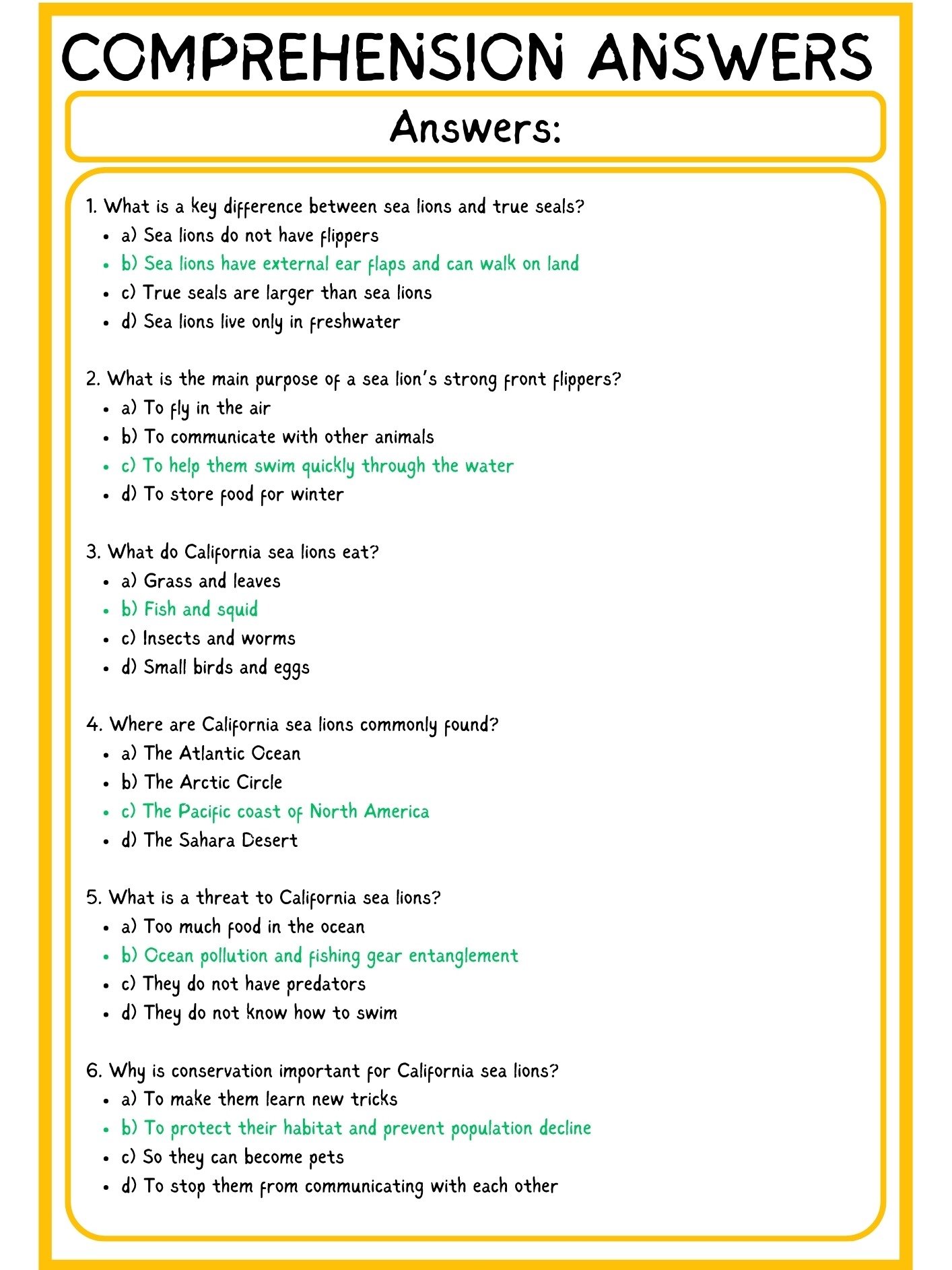 CALIFORNIA SEA LION READING COMPREHENSION PDF product image (4)