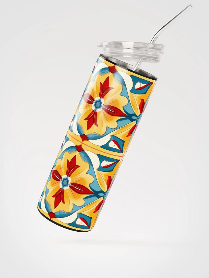 Colorful Brite Tile Pattern, Reds, Yellows, Blues, White Skinny Tumbler with Straw, 20oz product image (4)
