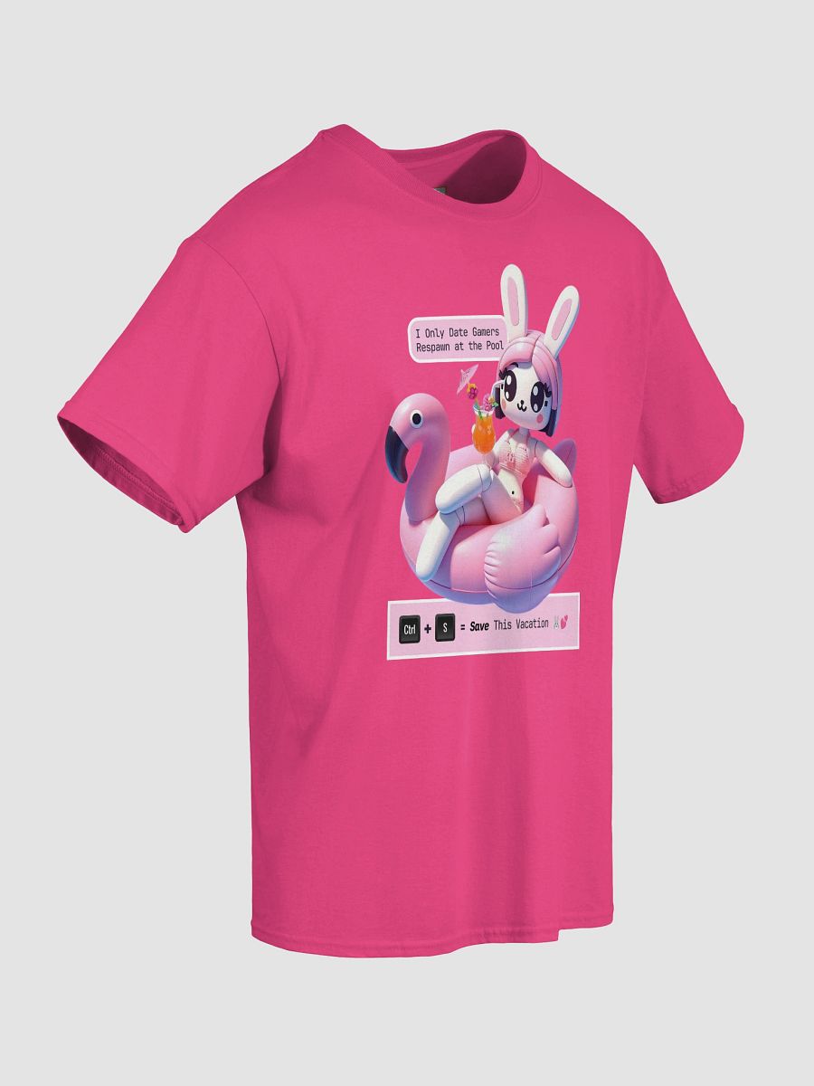Flirty Bunny Gamer T-Shirt – Funny Poolside Geek Tee with Flamingo Float & Cocktail | Nerd Summer Vibes product image (13)