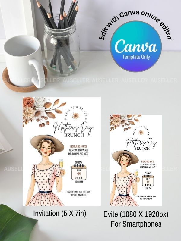 Mother's Day Brunch Invitation Bundle - Lady With Hat And Polka Dot Dress product image (4)