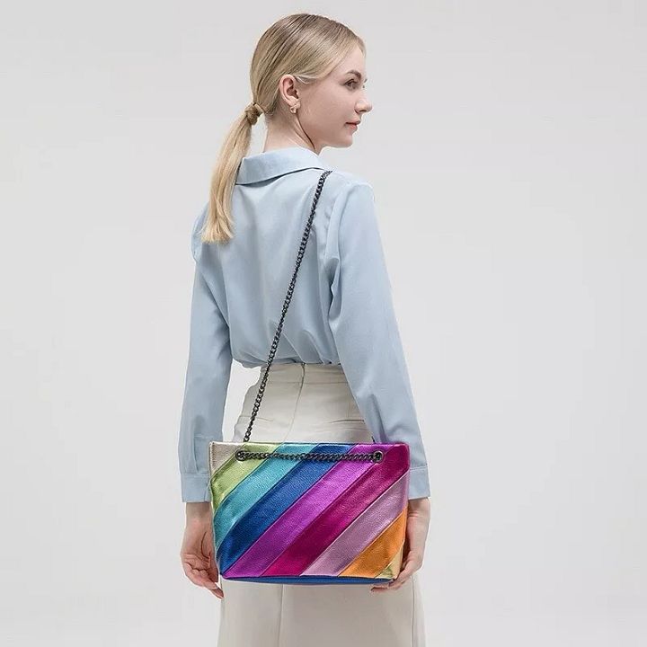 Women's bags contrast color stitching chain messenger bag rainbow shoulder bag product image (2)