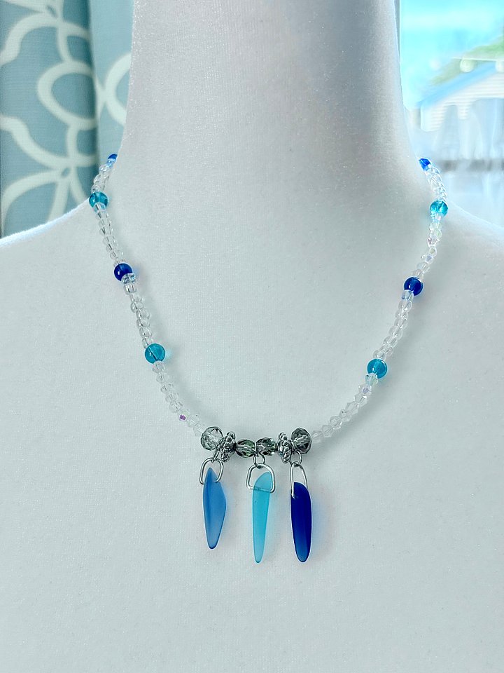 Tri-Sea Glass Pendant Necklace | Coastal Blues & Glass Beads | Handmade Coastal Charm Jewelry by Monique Faella Designs™ | MFD-00034 product image (1)