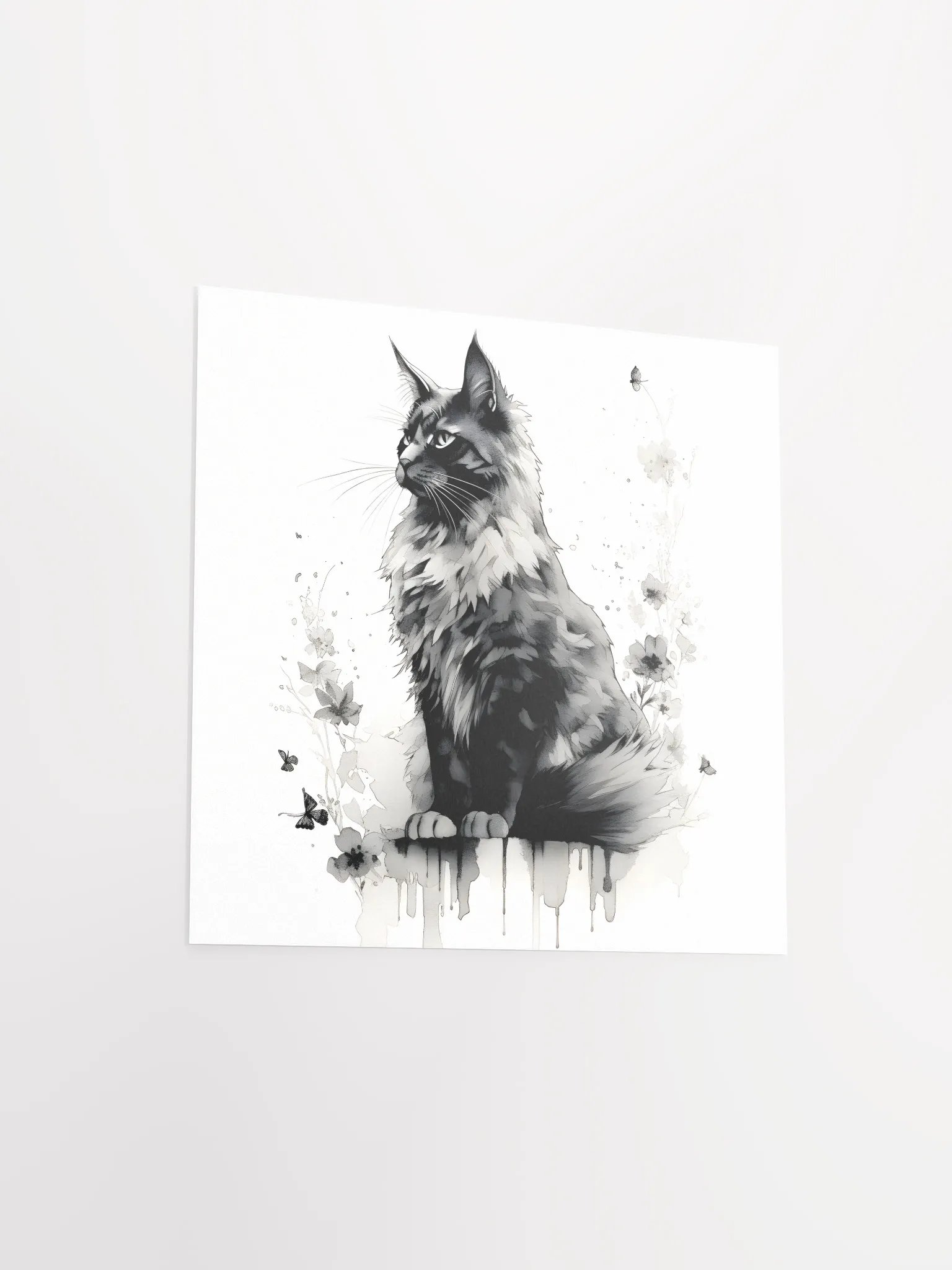 Maine Coon Floral Ink Poster – Black & White Art product image (3)