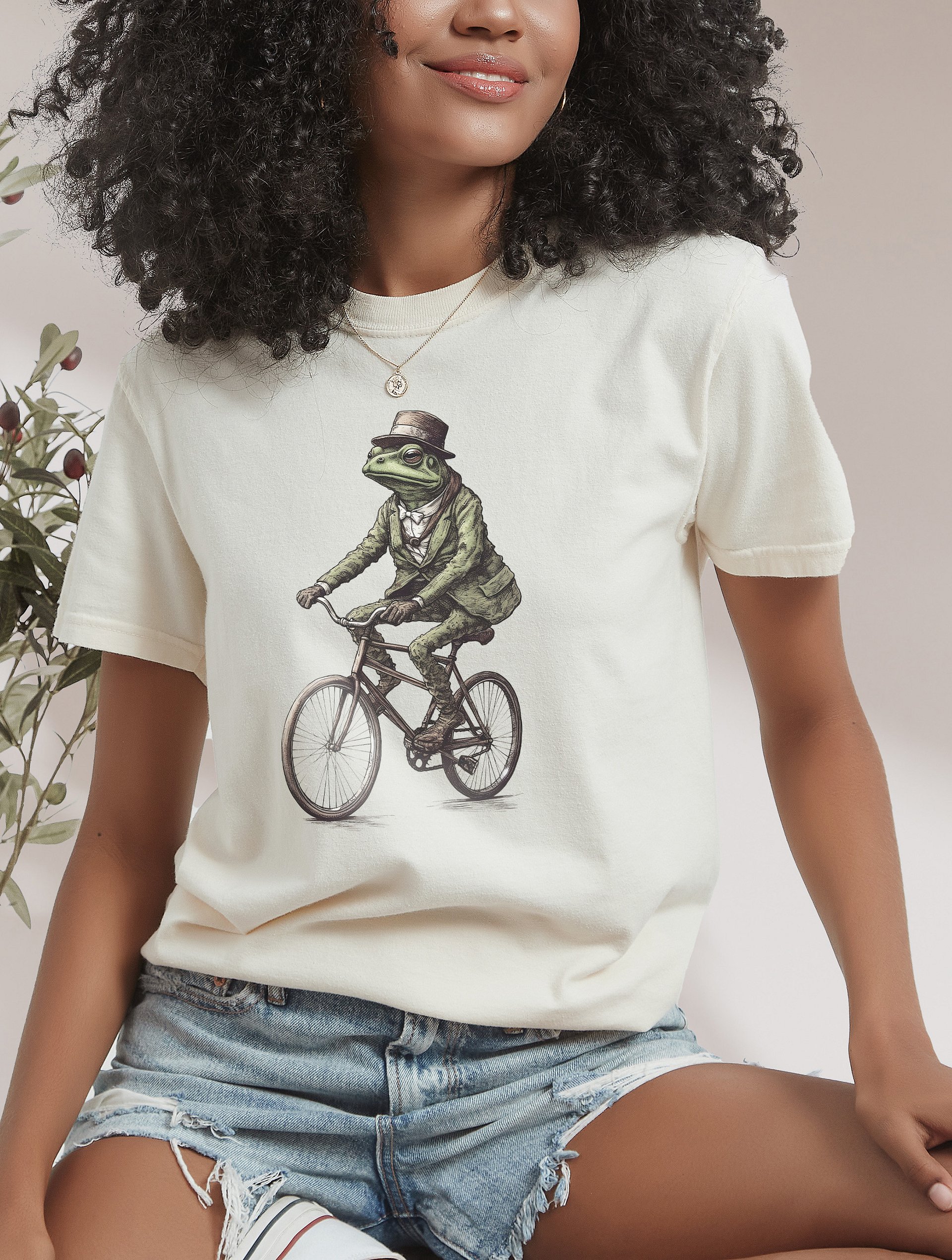 Vintage-Style Dapper Frog on a Bicycle T-Shirt | Cottagecore, Forestcore, Dark Academia, & Goblincore Shirt Design product image (10)