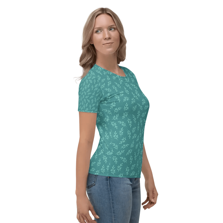 Ladies T shirt all over print teal color  leafy design  giving a fresh healthy feel. product image (4)