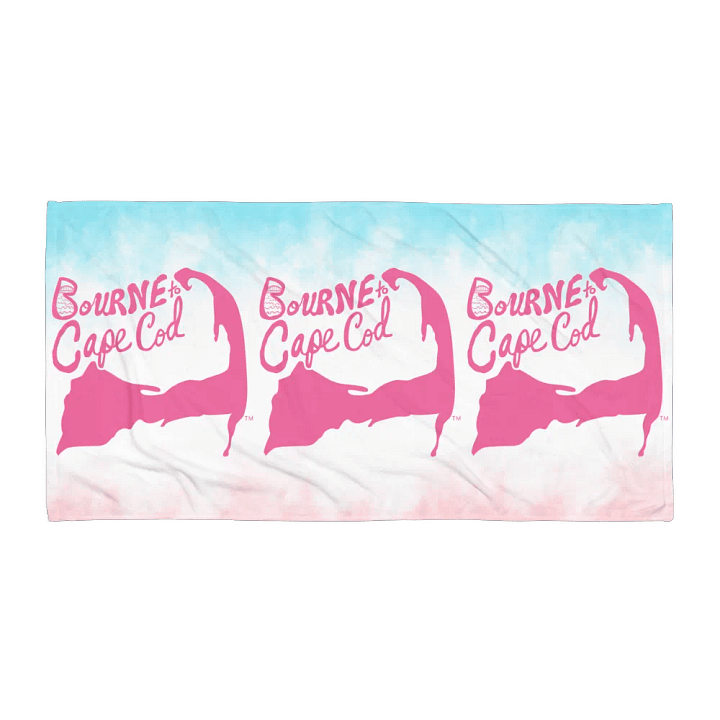 BOURNE to Cape Cod™ | Coastal Classic Beach Towel | All-Over Logo Print | White Logo on Pink and Blue Tie Dye product image (1)