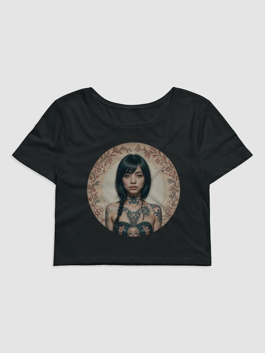 A woman with tattoos on her chest and arms, framed by a floral design product image (3)