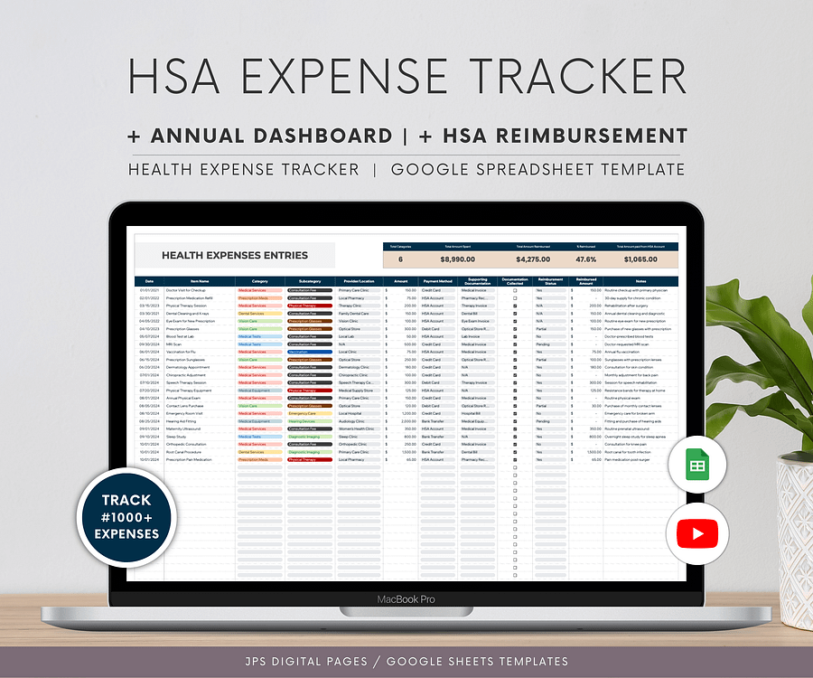 HSA Health Expenses Tracker & Annual Dashboard Spreadsheet product image (1)