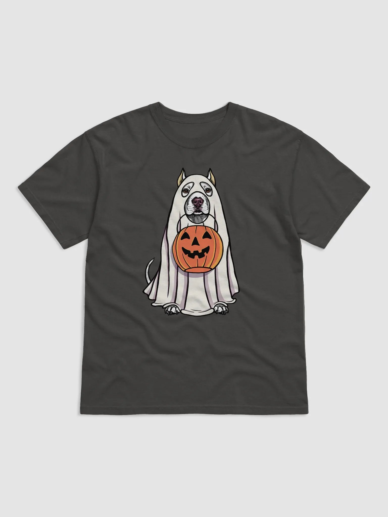 Funny Halloween Pitbull Terrier(Cropped Ears) T-Shirt | Funny Pittie Wearing a Ghost Costume and Holding a Pumpkin Basket product image (16)