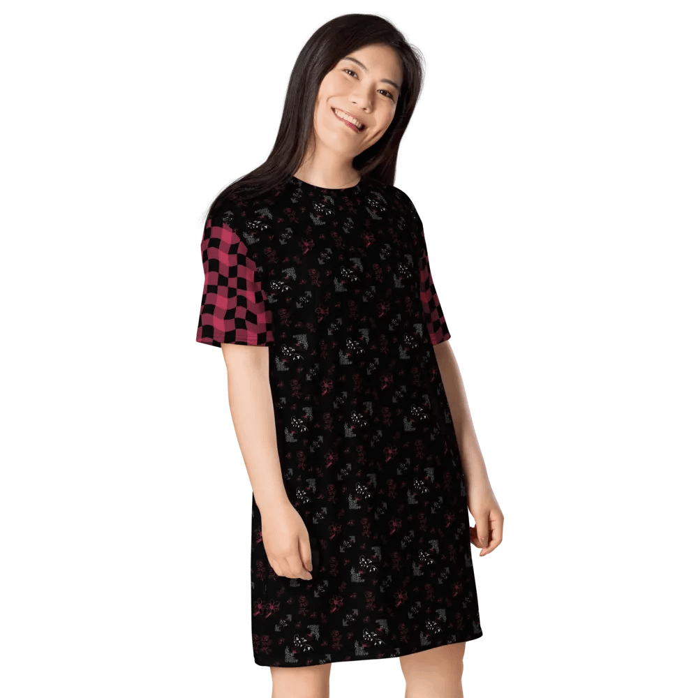 Magenta and White Flowers on Black with Warped Checkered Sleeves Women's T-Shirt Dress product image (3)
