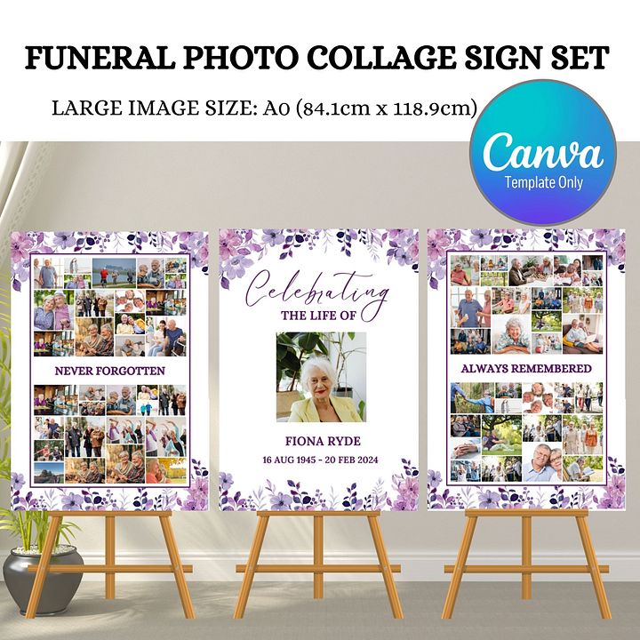 Purple Flowers Funeral Photo Collage Sign Set Canva Template product image (1)