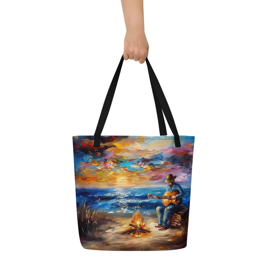 Tote Bag: Musician with Guitar Beach Sunset Weekend Getaway Vibrant Art Style Design product image (9)
