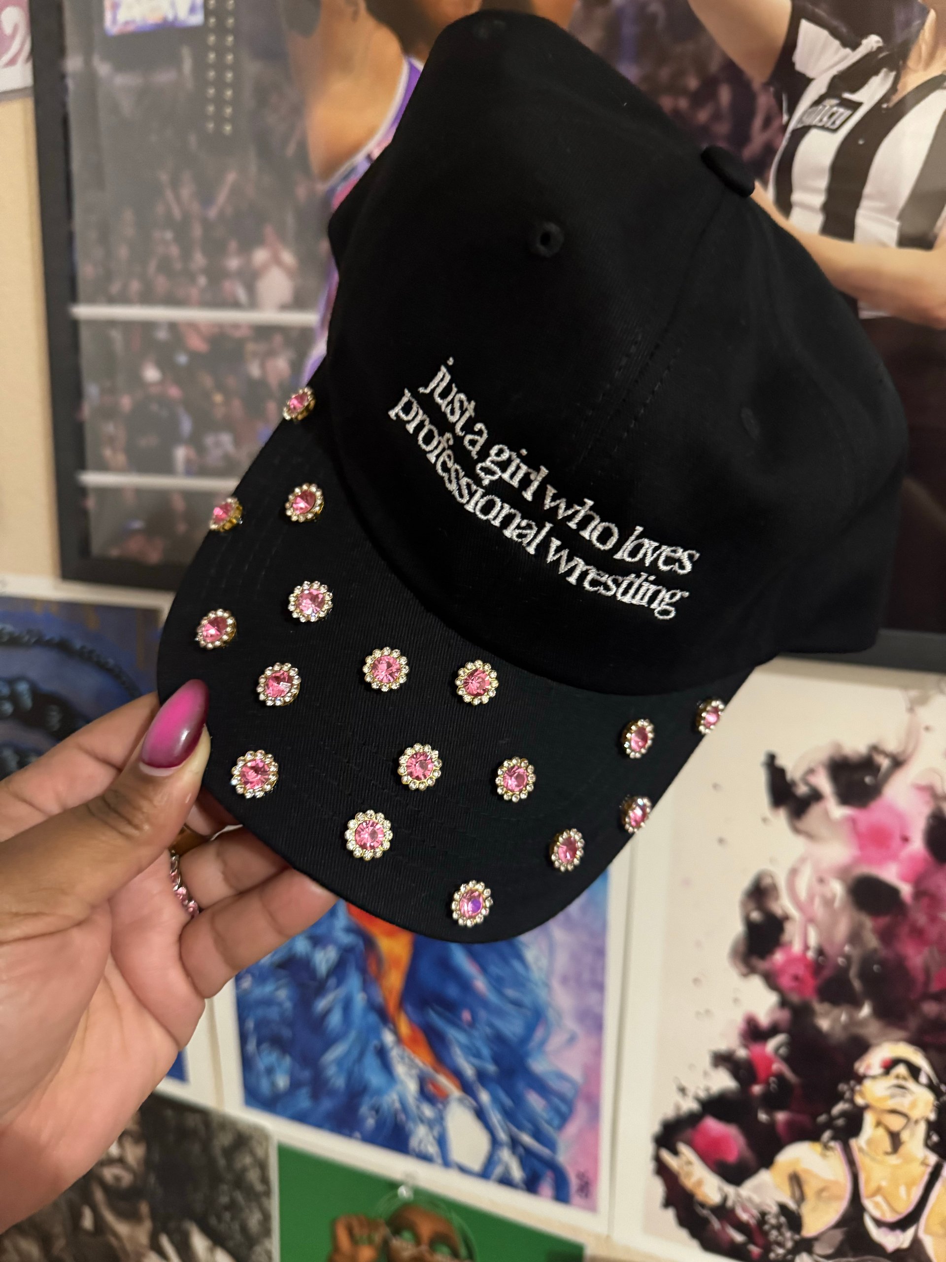 Light Pink Rhinestone "I'm Just A Girl Who Loves Pro Wrestling" Baseball Hat product image (1)