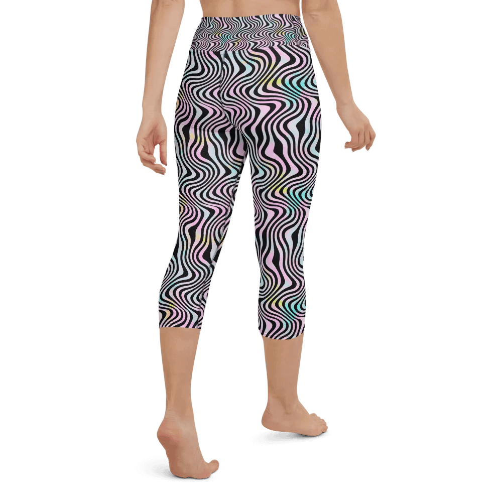 Yoga capri  leggings blue watercolour leafy design on black background product image (1)