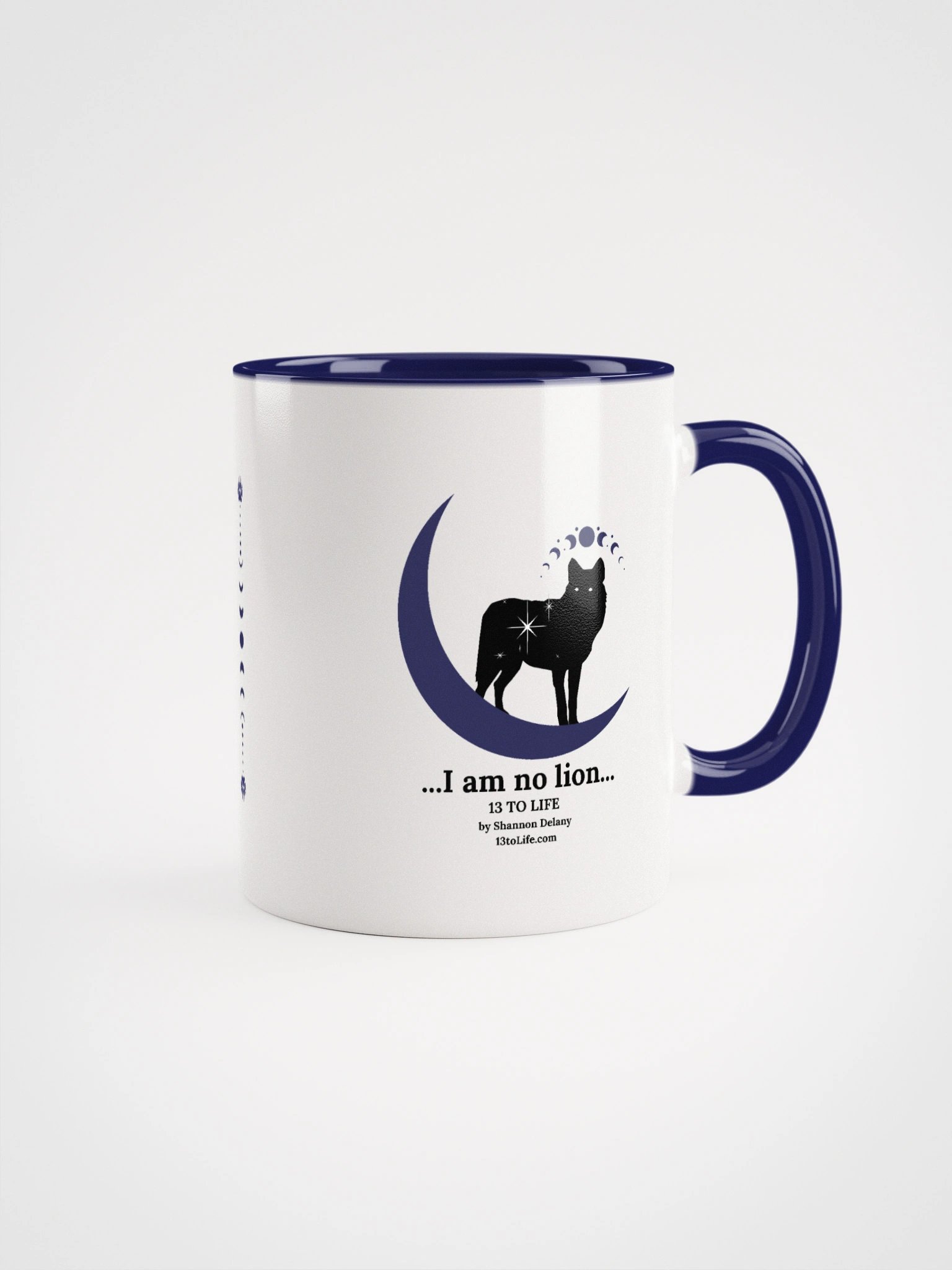 I am No Lion – Wolf and Moon Mug – 13 TO LIFE Mug with Dark Blue Interior and Handle product image (1)