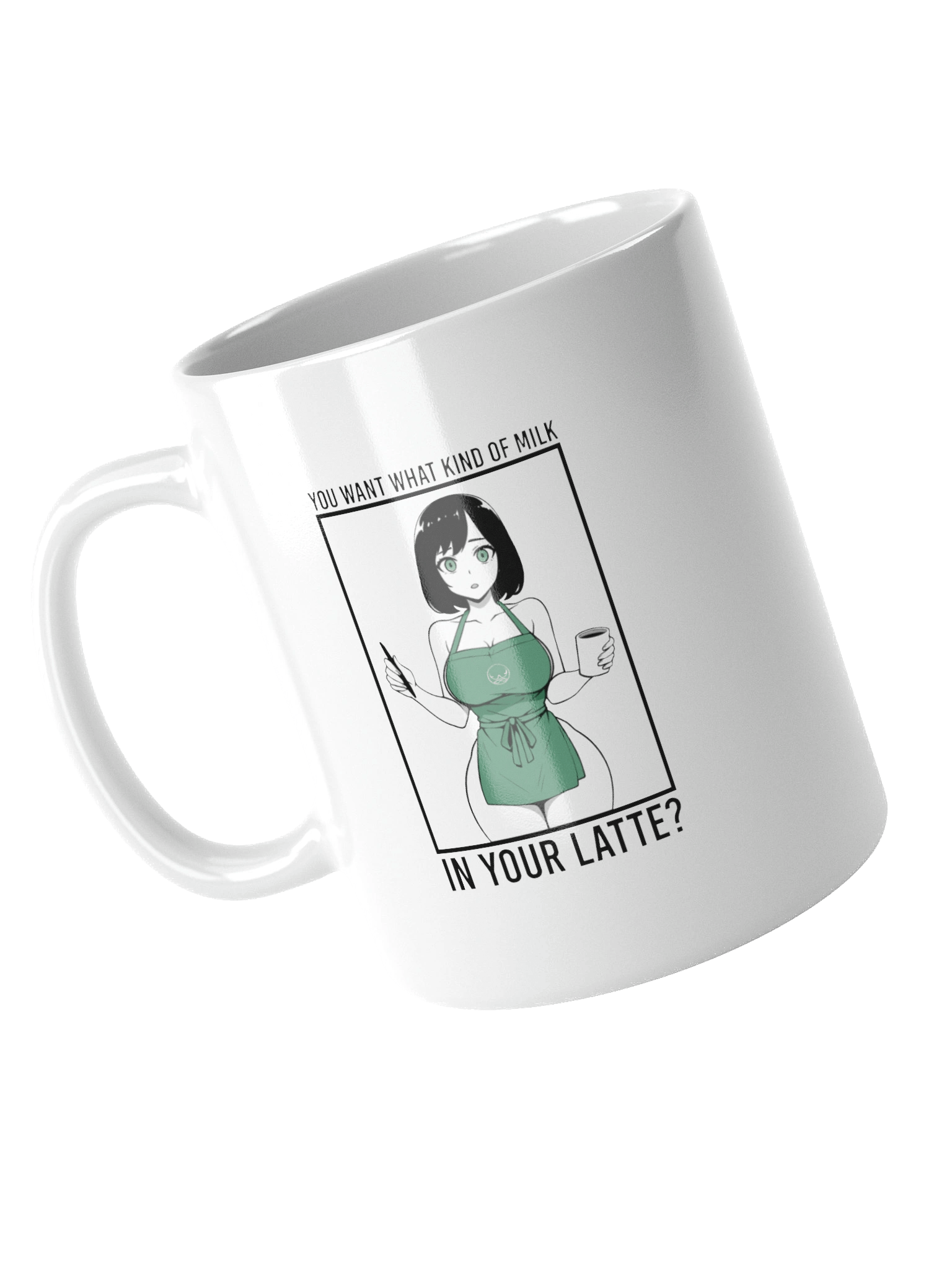 Latte Whisperer: Anime Barista Mug with Green Apron Charm, You Want What Kind Of Milk in Your Latte? product image (4)