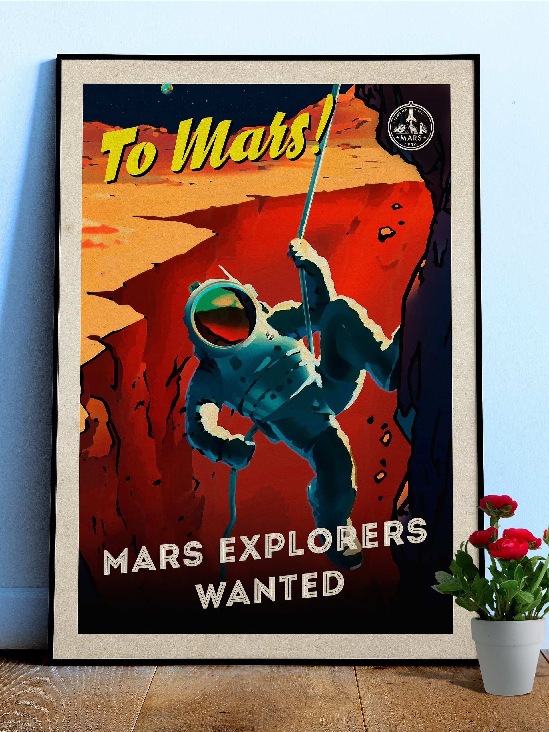 To Mars! Mars explorers wanted — Vintage space poster, retro space art, propaganda poster, retrofuturism art, retro sci-fi print product image (1)