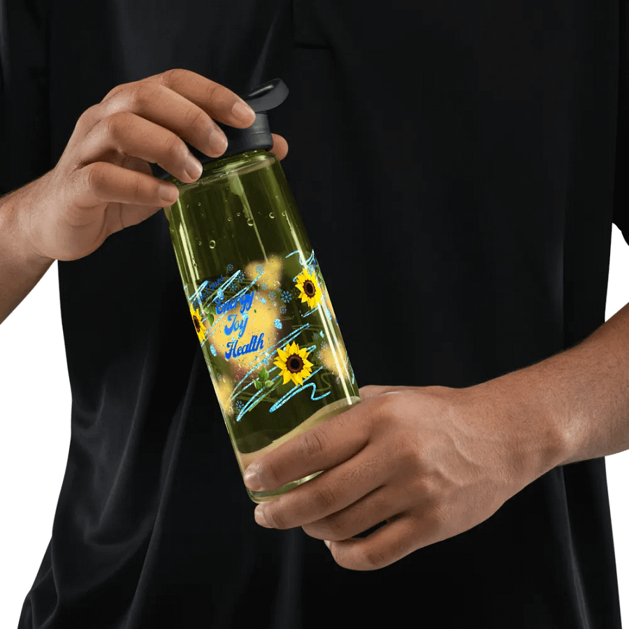 Camelback water bottle   with beautiful sunflowerr blue water drops  featuring ' This water gives Harmony in Body and Mind