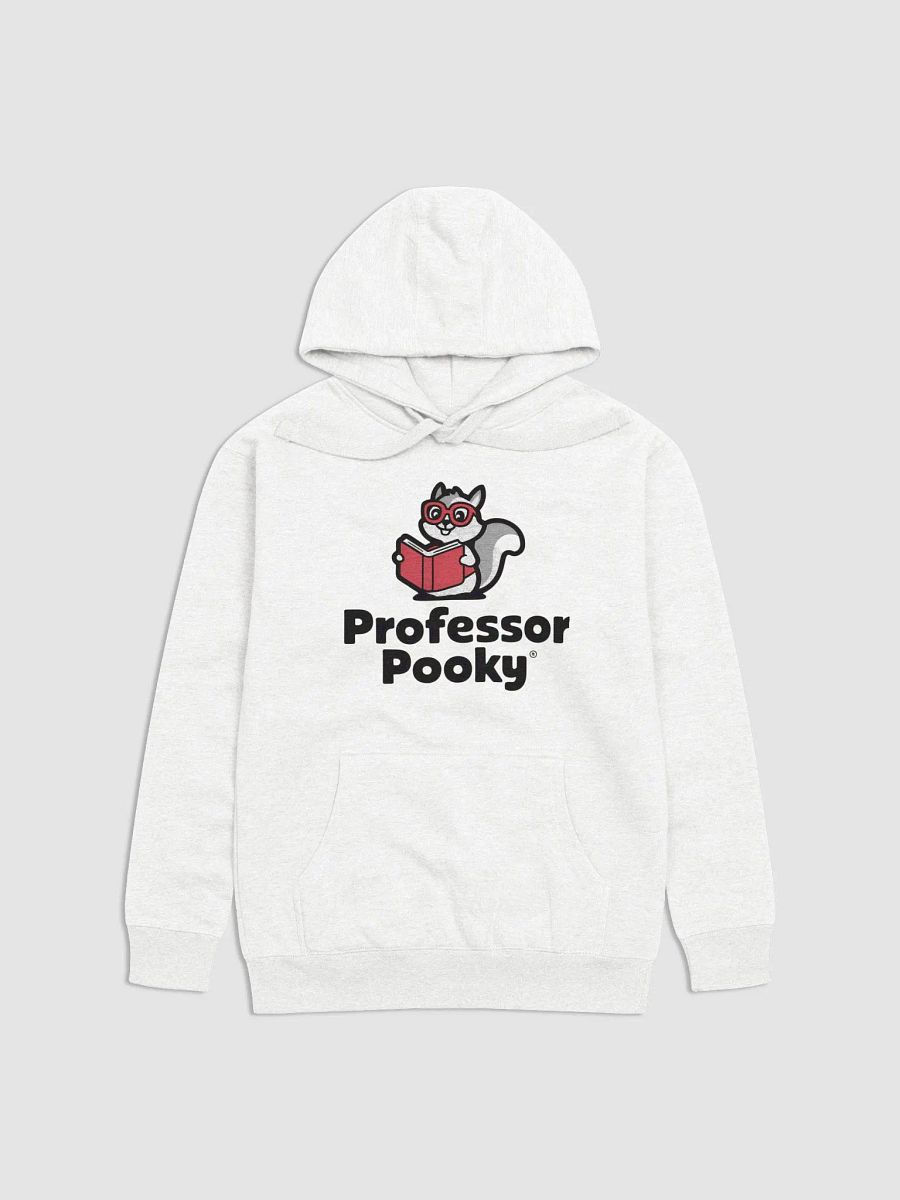Super Soft and Comfy Hoodie: Professor Pooky, Red book, greyscale squirrel, minimal product image (1)