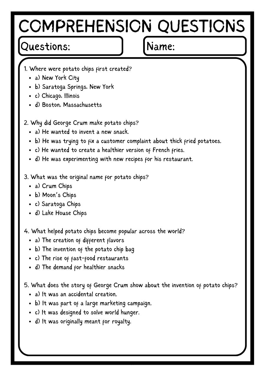 History of Potato Chips READING COMPREHENSION WITH 5 QUESTIONS PDF WORKSHEET product image (3)