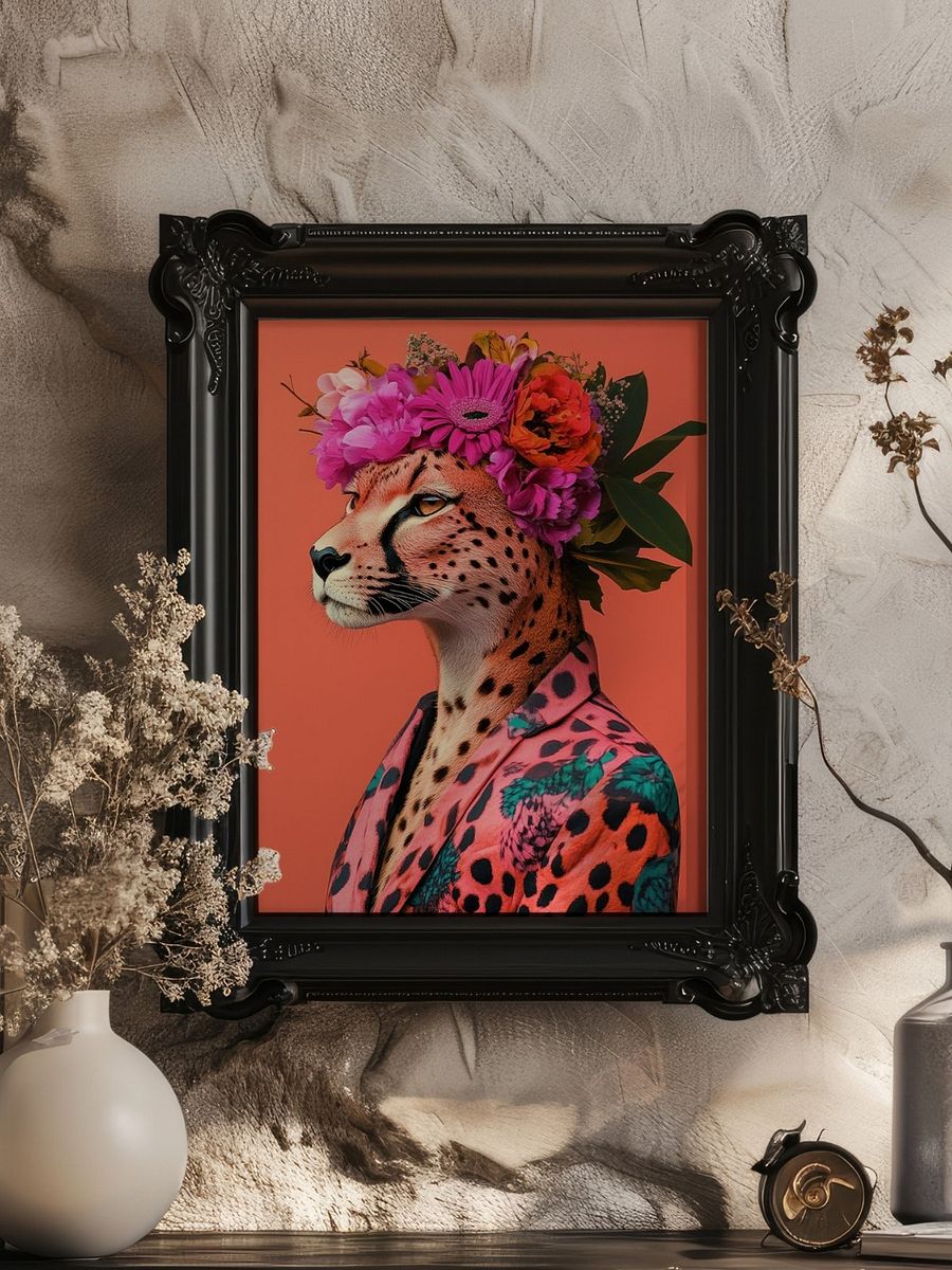 Cheetah Wearing Floral Wreath and Funky Jacket Animal Fashion Art Print product image (24)
