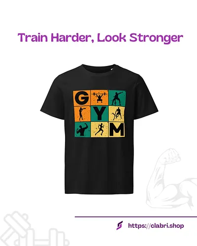 Energize your workouts with Clabri's Mosaic Motion Tee. Featuring a bold 9-panel design of gym silhouettes in vibrant colors,...