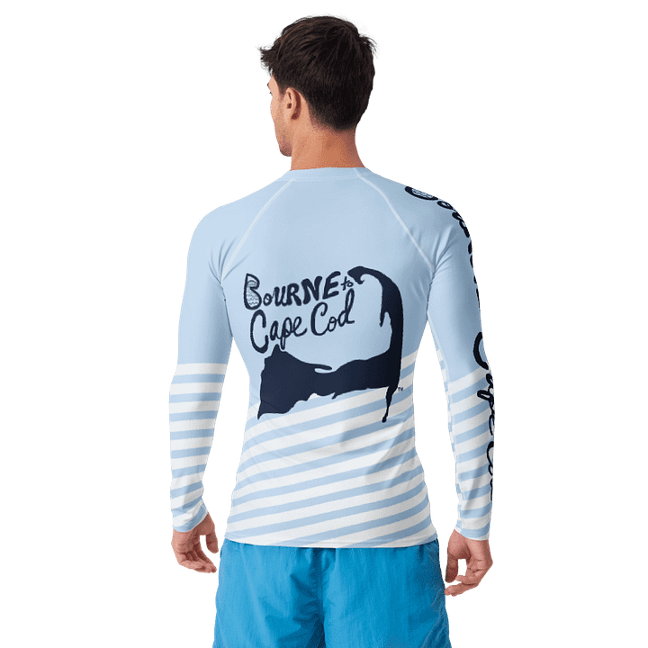 BRN.2C.C.™ /BOURNE to Cape Cod™ | Men’s Long Sleeve Rash Guard | UPF 50+ Active Coastal Shirt | Navy Blue Logos on Skyline Stirpes product image (2)