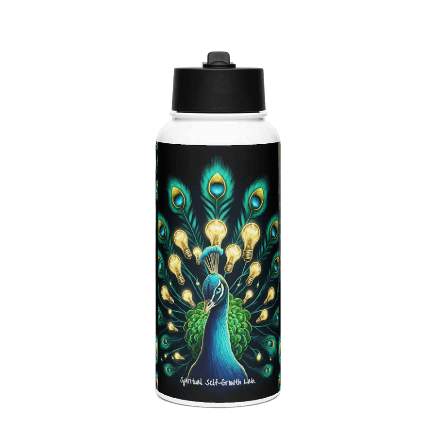 "Bloom of Ideas" – Illuminated Peacock Feather Stainless Steel Water Bottle for Spiritual Growth and Inspired Reflection Black product image (1)