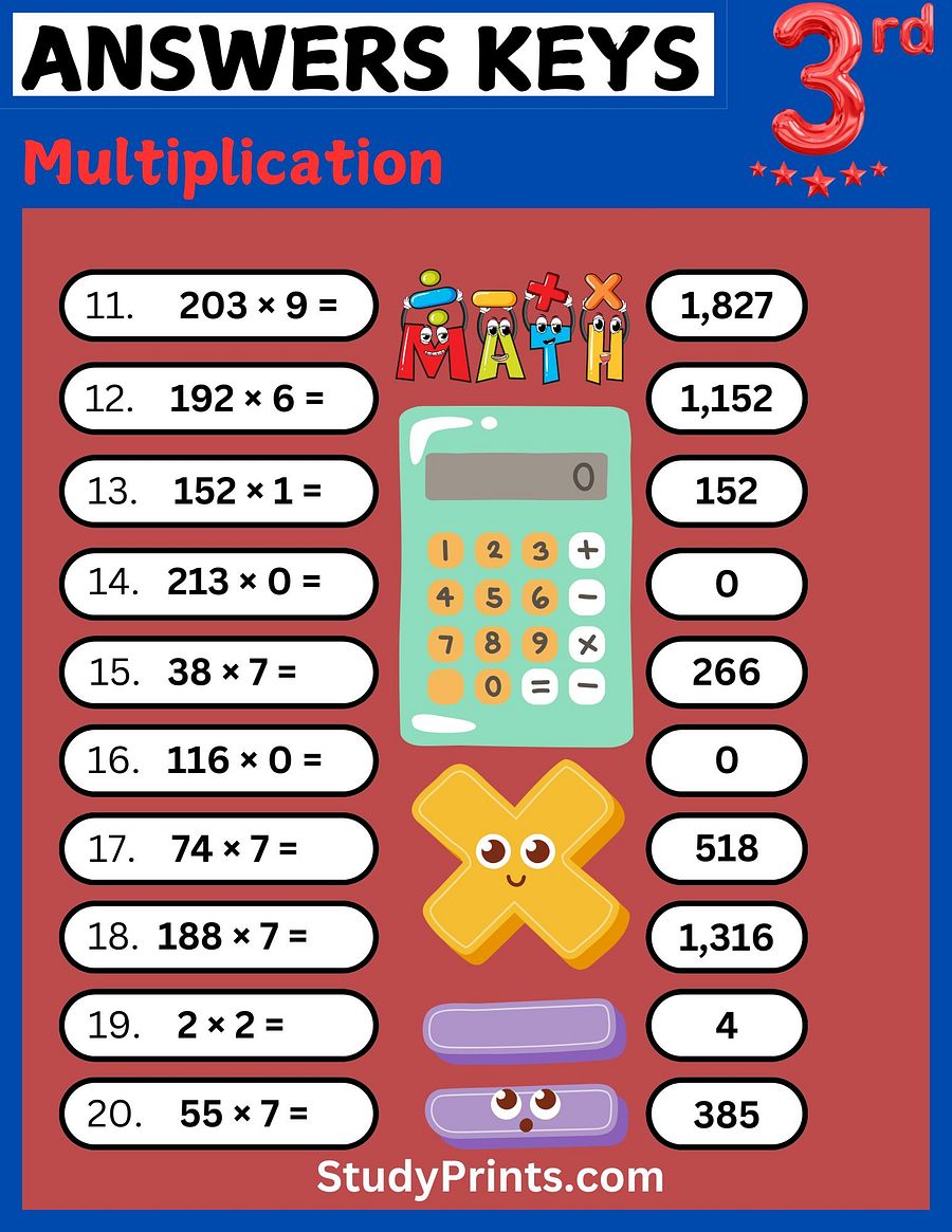 4th Grade Multiplication Worksheet with Answer Key product image (4)